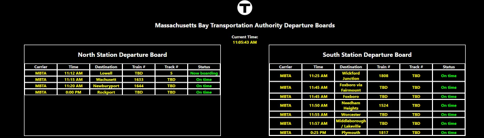 MBTA Web Board showing departures at North and South Stations