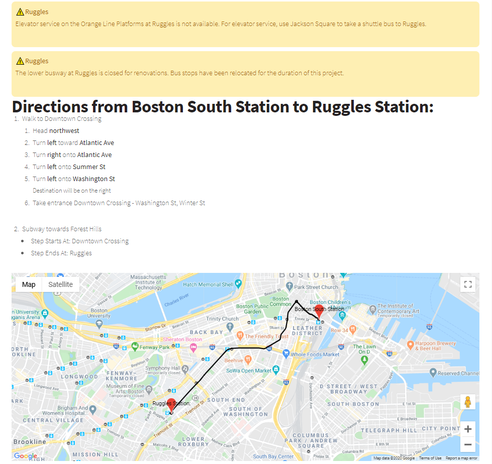 Accessible Trip Guides giving directions between Boston's South Station and Ruggles Station.